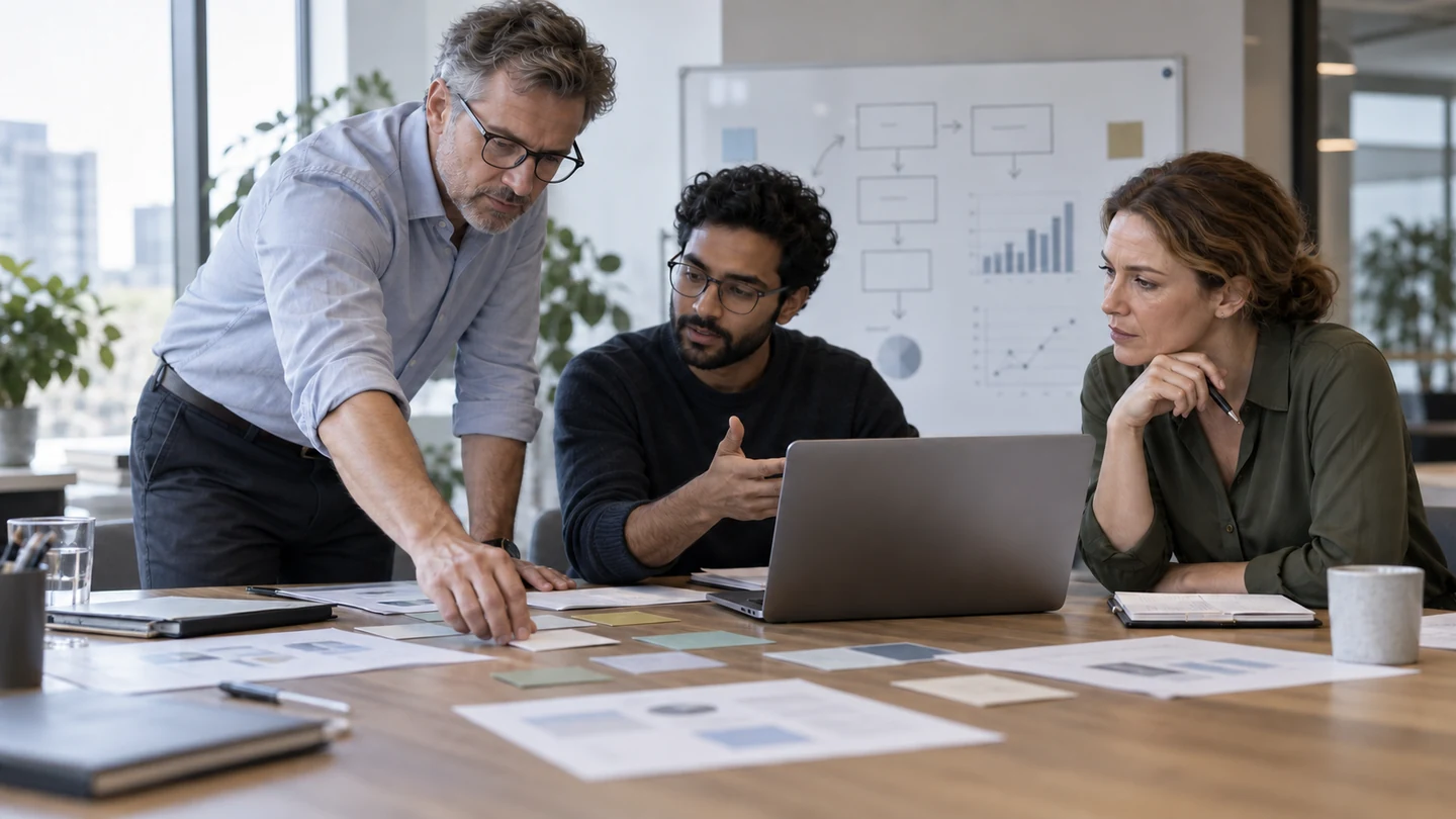 Business and technology leaders working together on an AI process in an office workshop
