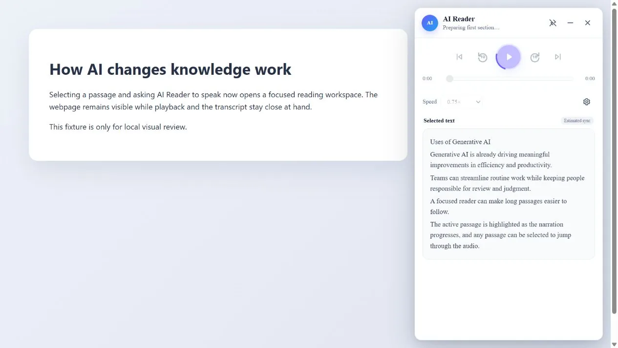AI Reader Chrome extension docked beside an article with audio controls and a visible transcript