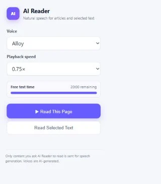 AI Reader toolbar popup with voice and speed settings and buttons to read a page or selected text