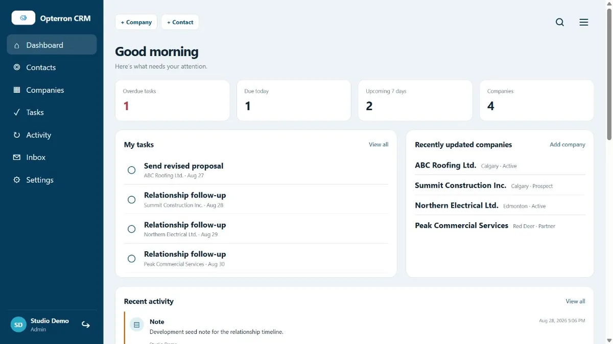 Opterron CRM dashboard showing tasks, companies and recent relationship activity