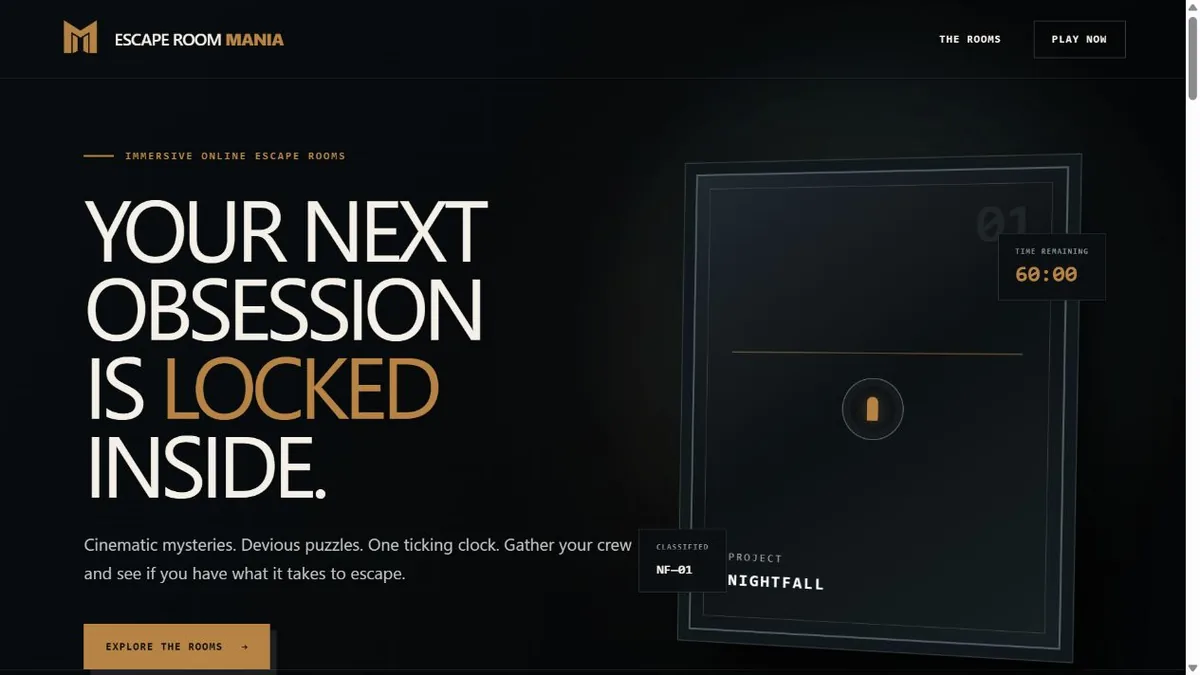 EscapeRoomMania home screen showing the Project Nightfall online escape room