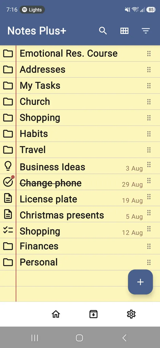 Notes Plus+ Android home screen showing folders, notes, tasks and checklists