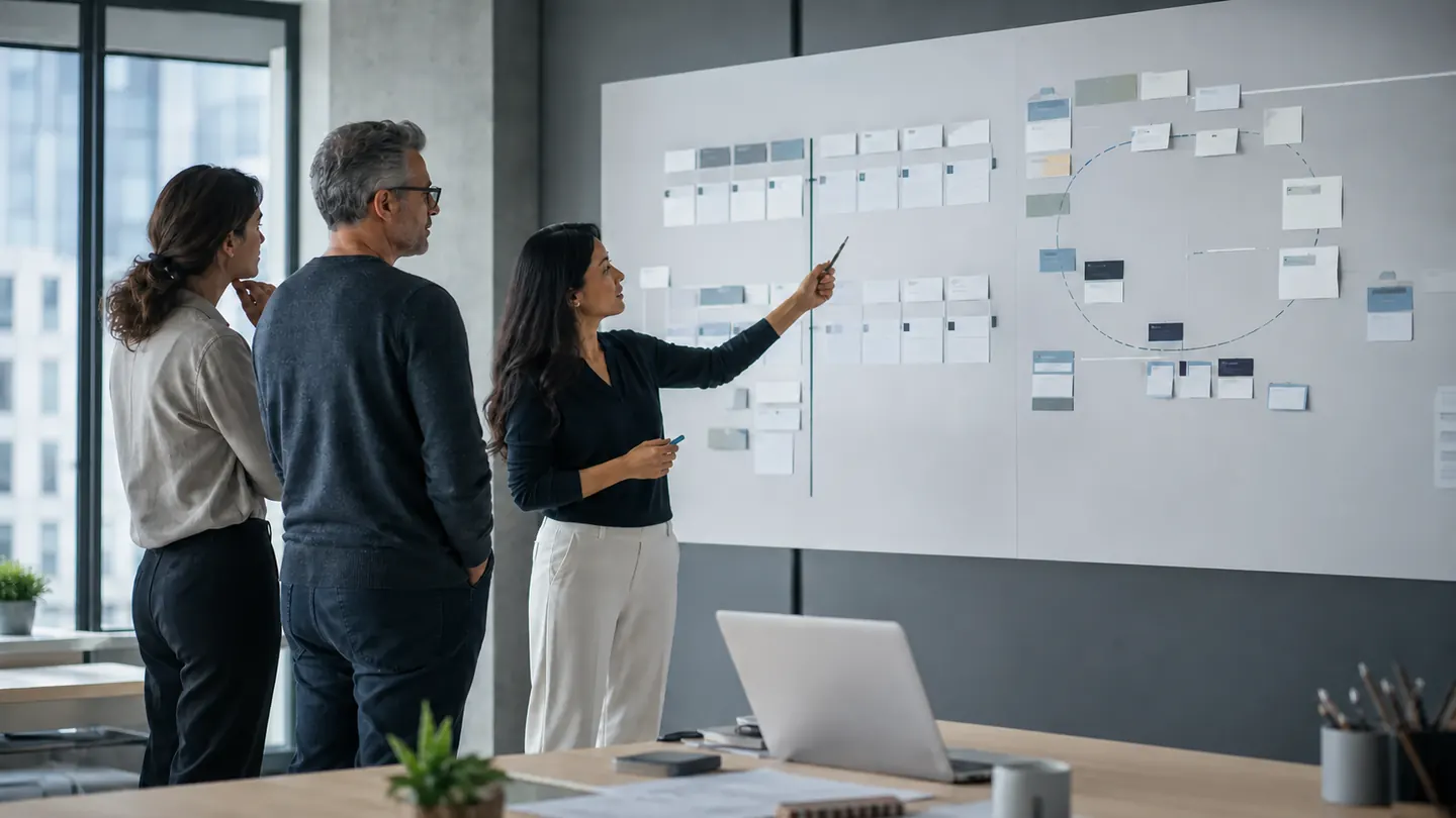 Three technology professionals reviewing a software delivery plan beside a development workstation